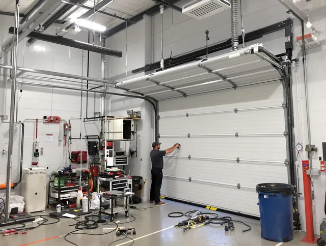 New Milford Garage Door Repair certified technician performing commercial door repair at a New Milford business facility