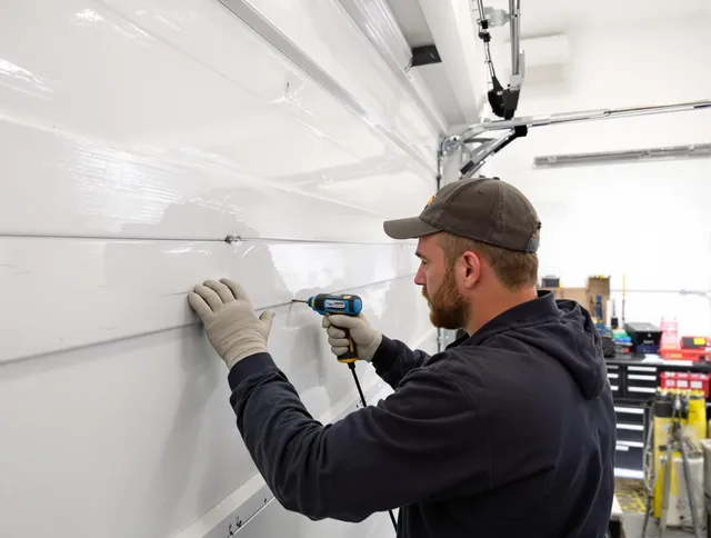 New Milford Garage Door Repair technician demonstrating precision dent removal techniques on a New Milford garage door
