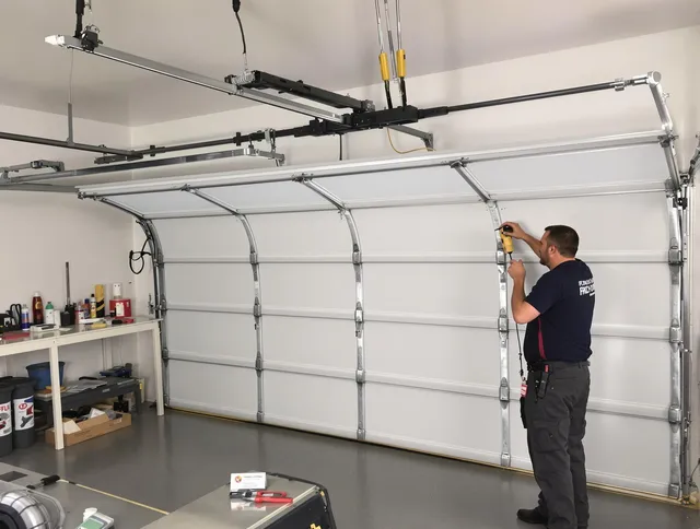 New Milford Garage Door Repair certified technician performing overhead door system repair in New Milford