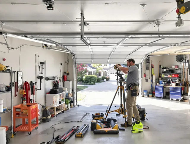 New Milford Garage Door Repair specialist performing laser-guided track alignment in New Milford